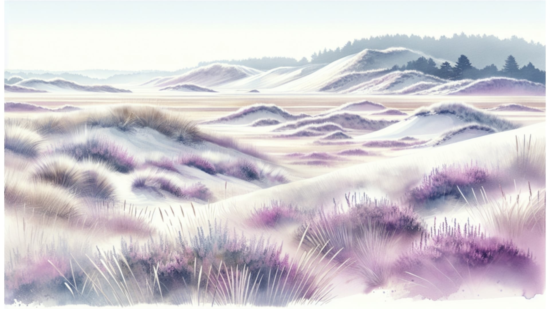 Aquarell-Darstellung der Dünenlandschaft der Besenhorster Sandberge in Schleswig-Holstein, mit Silbergras und Heidekraut, 16:9-Format.