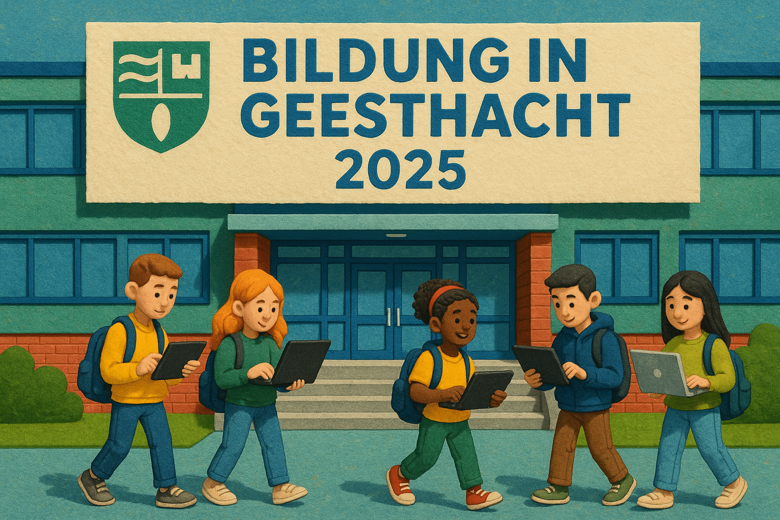 Titelbild Bildung in Geesthacht 2025 mit moderner Schule und Schülern mit Tablets.