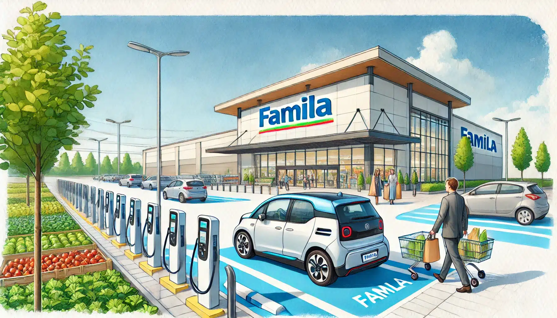 Außenansicht des famila Geesthacht Supermarkts mit Parkplatz und Ladestation für Elektroautos.