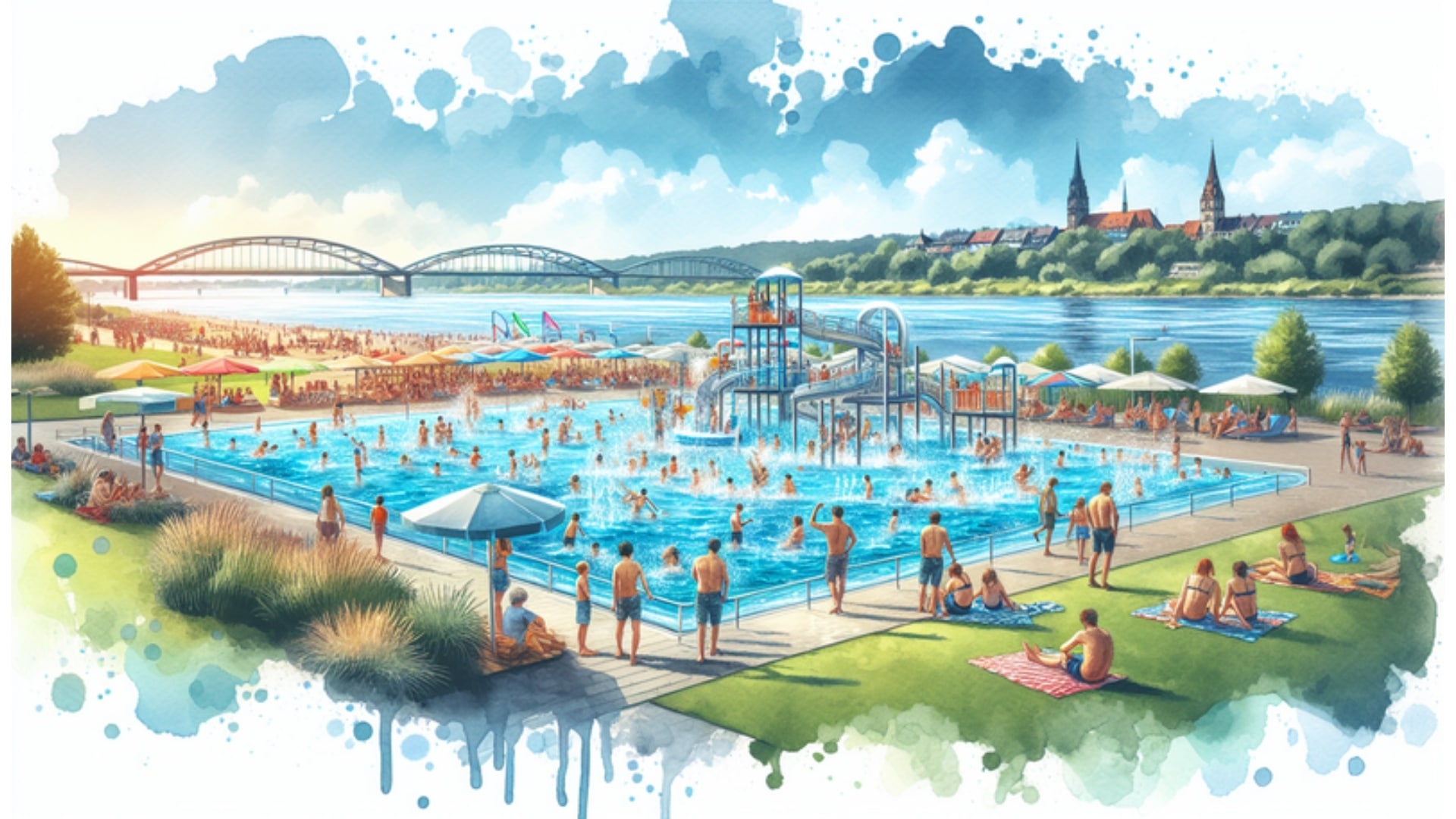 Lebhaftes Sommerbild des Freizeitbads Geesthacht mit Erlebnisbecken, Liegewiese und Elbe im Hintergrund in Aquarellstil.