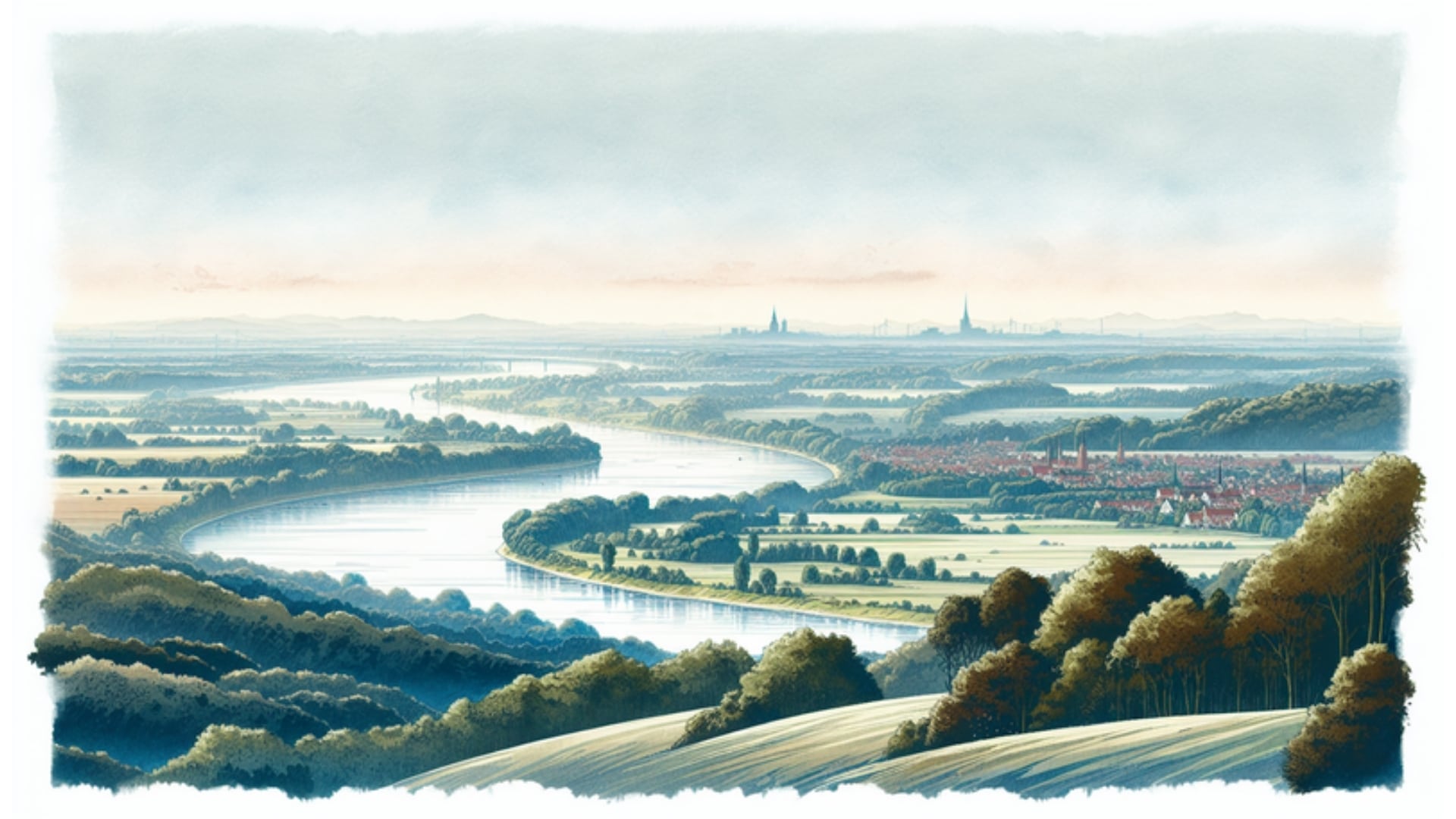 Panoramaansicht von Geesthacht entlang der Elbe mit Blick auf Hamburg, Aquarellstil, 16:9