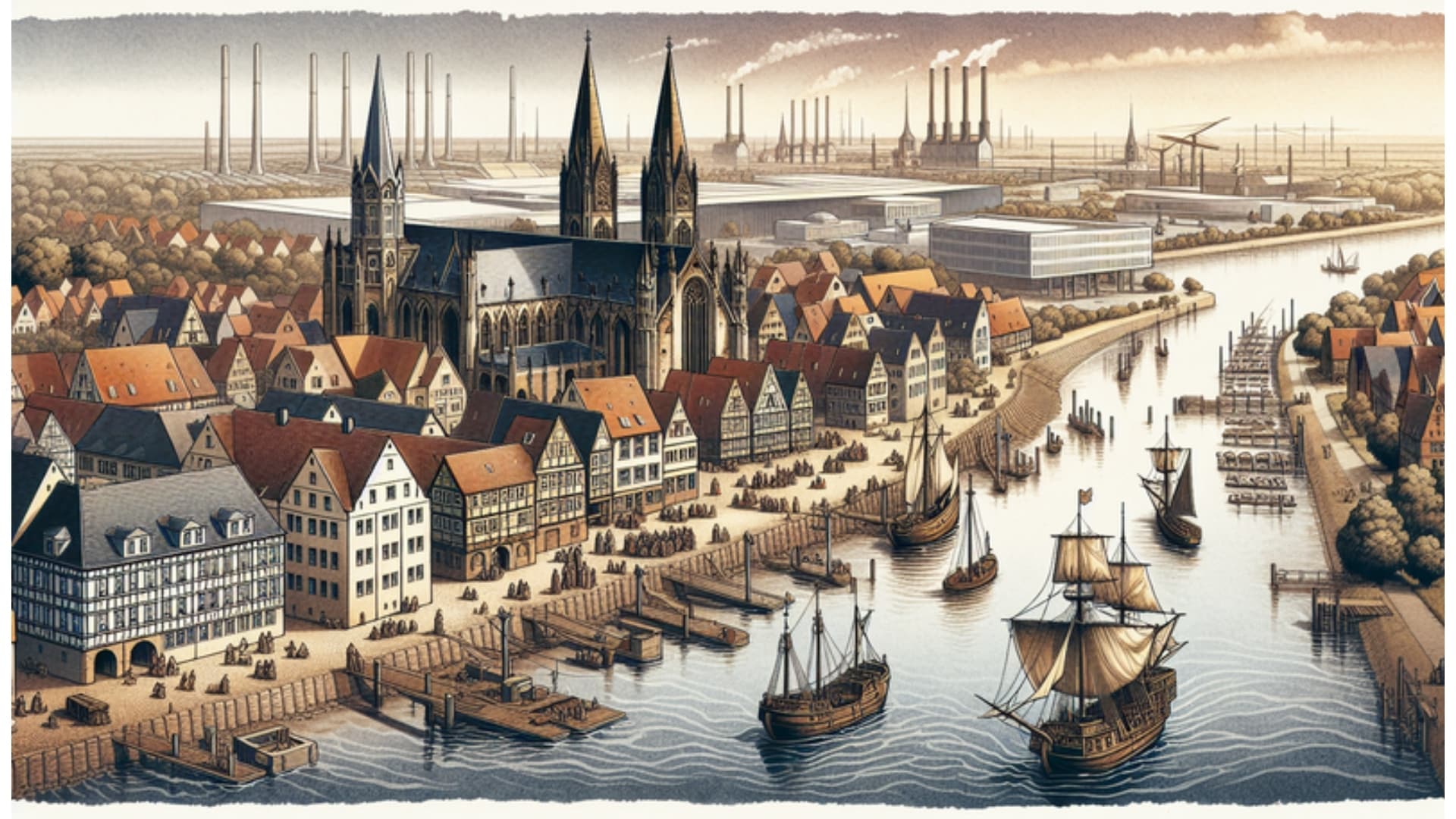 Historisches Panorama von Geesthacht von "Hachede" zur modernen Stadt an der Elbe, Aquarellstil.