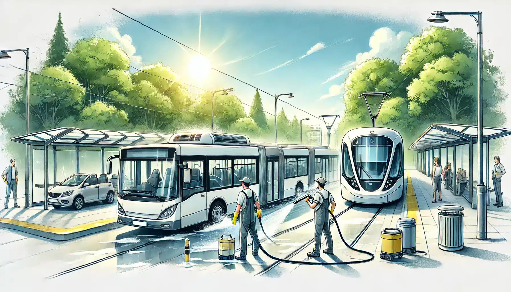 Fachkräfte reinigen Busse und Bahnen mit Hochdruckreiniger und modernen Techniken, Sauberkeit und Fahrgastkomfort im Fokus.