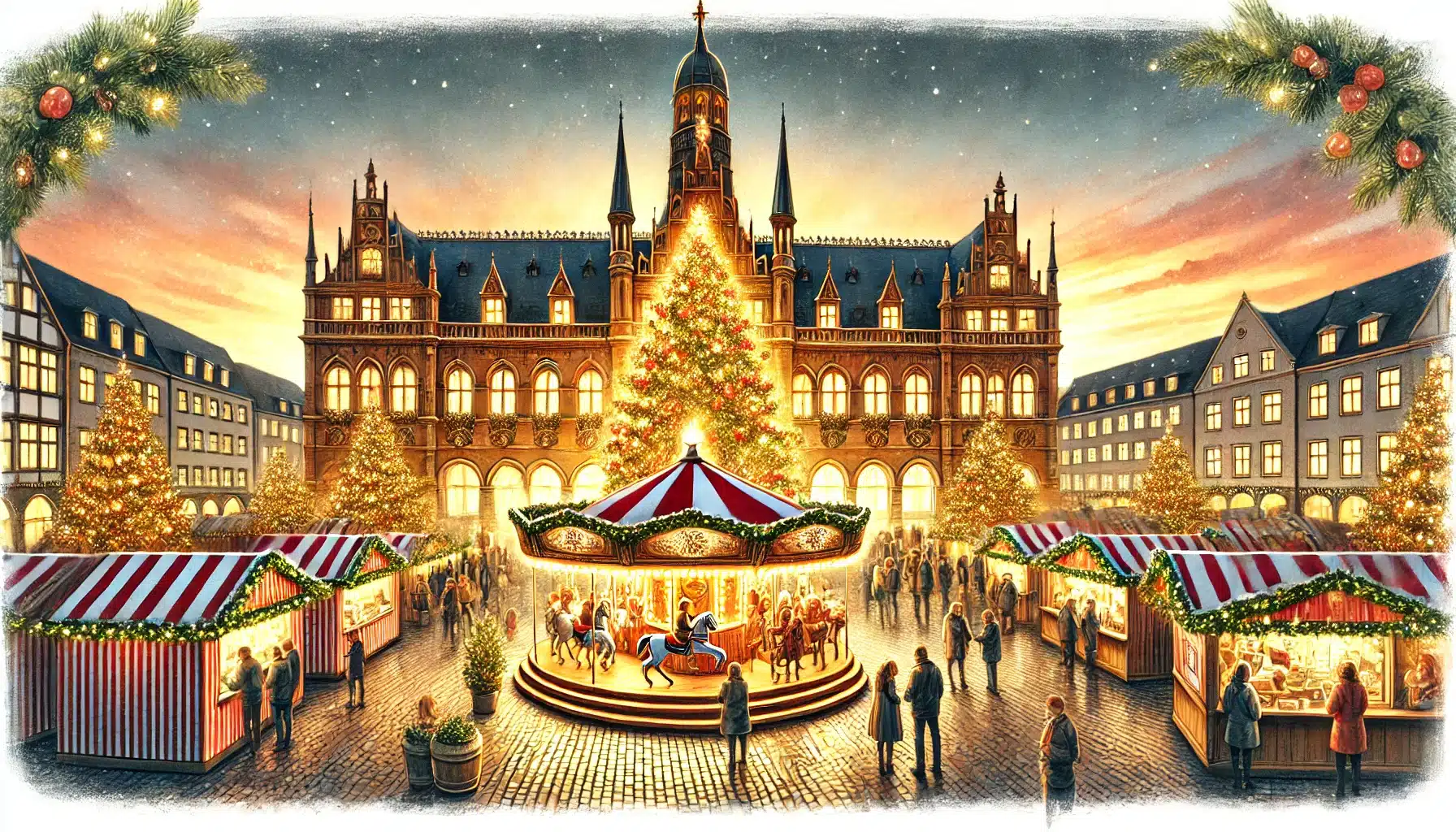 Weihnachtsmarkt auf dem Rathausplatz in Geesthacht mit festlich geschmückten Buden, einem großen Weihnachtsbaum und fröhlichen Besuchern.